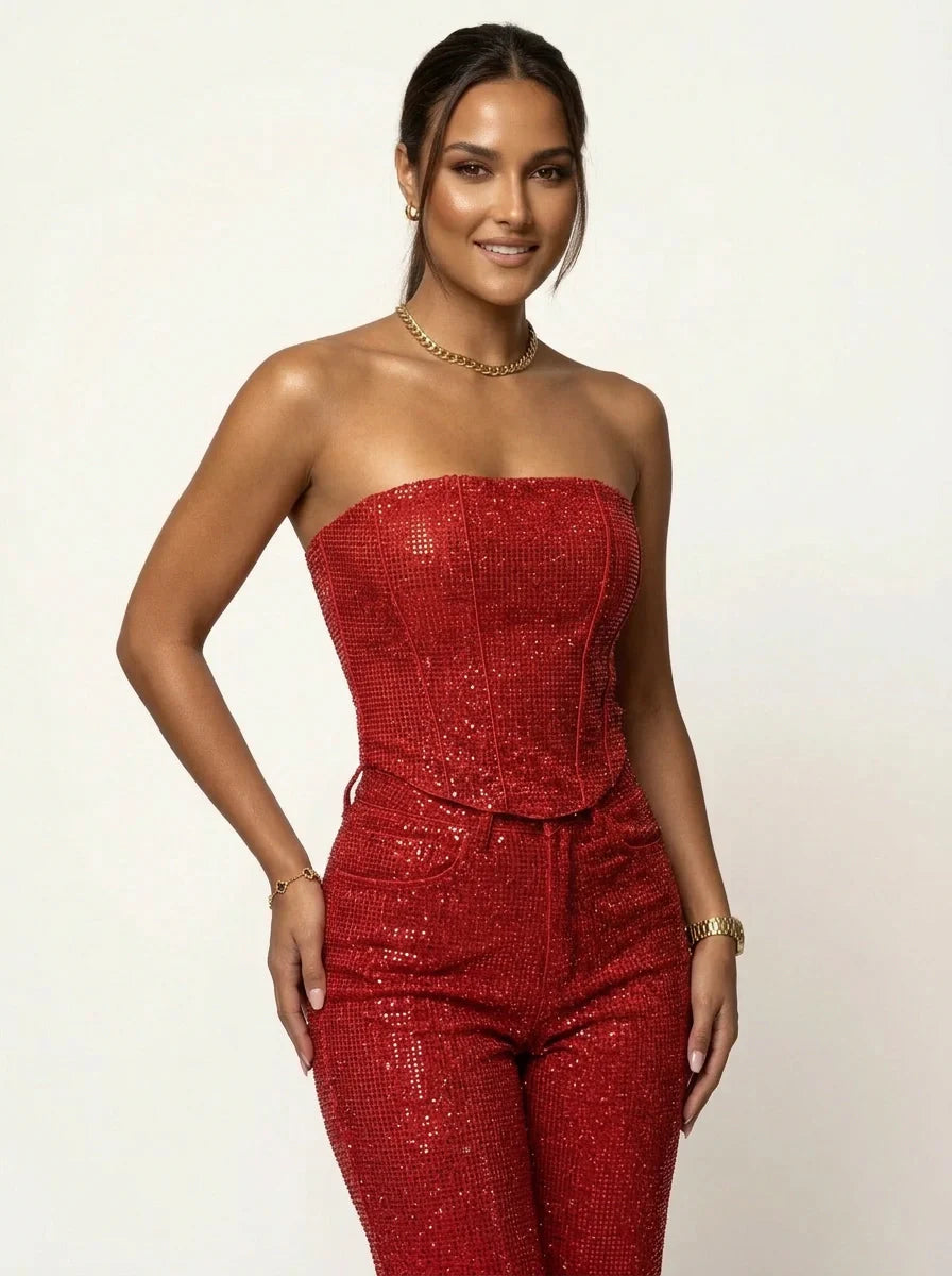 Glitzerndes zweiteiliges Set mit trägerlosem Oberteil und High-Waist-Hose