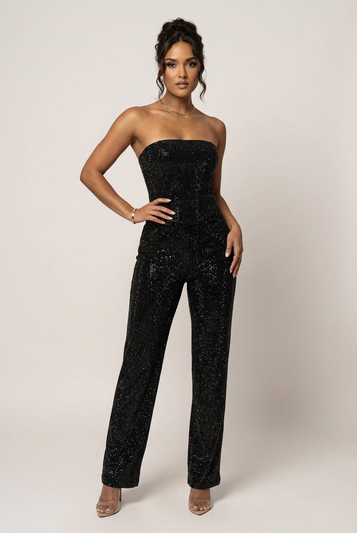 Glitzerndes zweiteiliges Set mit trägerlosem Oberteil und High-Waist-Hose