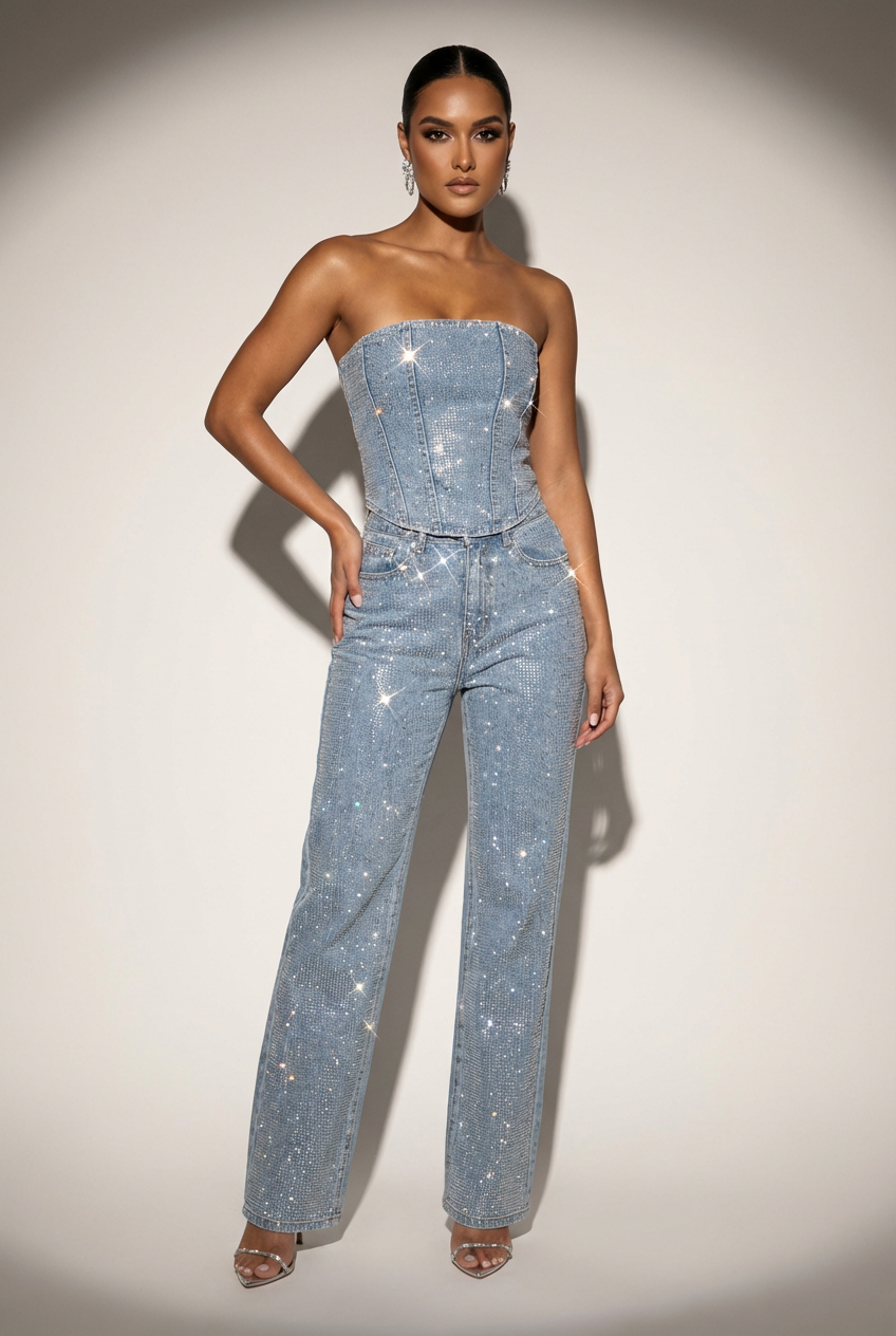 Glitzerndes zweiteiliges Set mit trägerlosem Oberteil und High-Waist-Hose