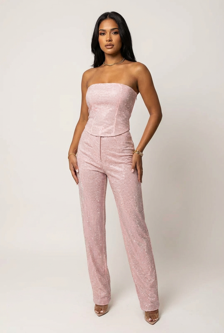 Glitzerndes zweiteiliges Set mit trägerlosem Oberteil und High-Waist-Hose