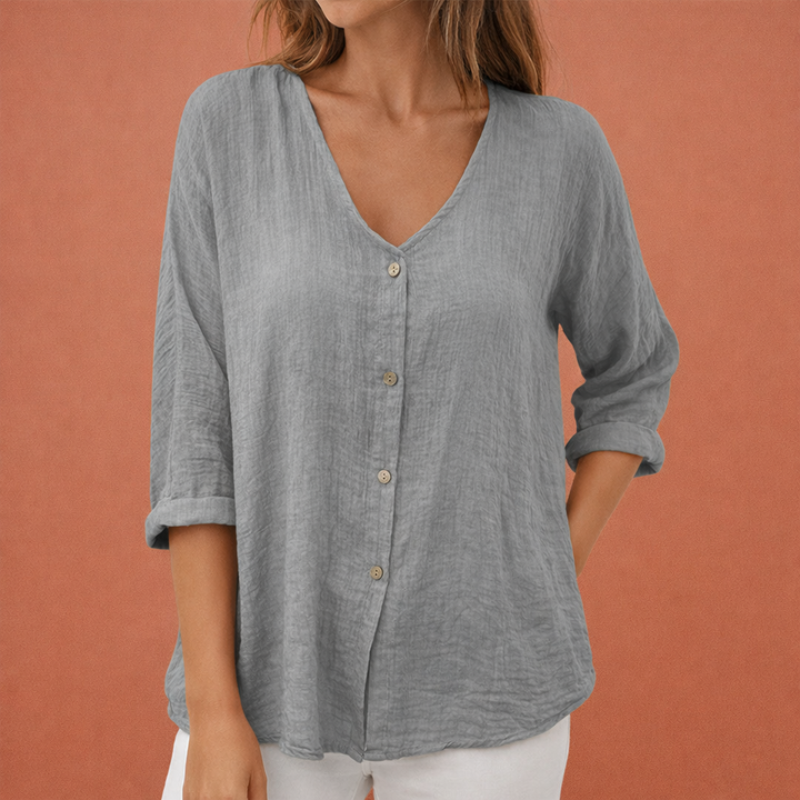 V-Ausschnitt Damen T-Shirt mit Knopfverschluss und Dreiviertelärmeln | Ylena