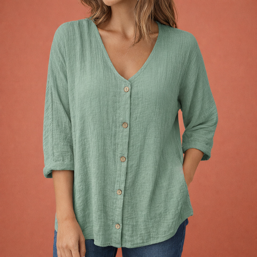 V-Ausschnitt Damen T-Shirt mit Knopfverschluss und Dreiviertelärmeln | Ylena