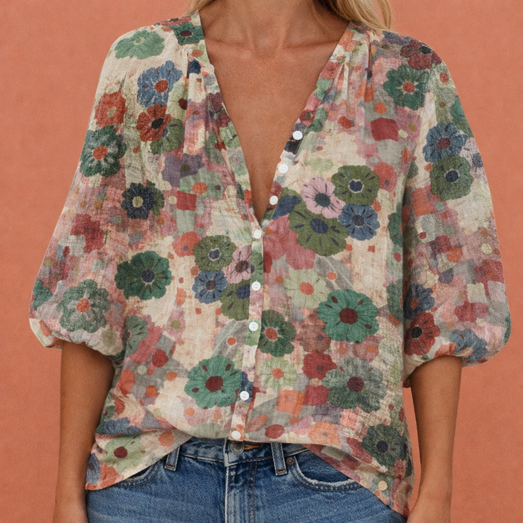 Bedruckte Bluse mit V-Ausschnitt und Knopfverschluss für Damen | Mireya