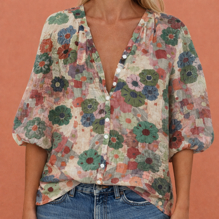 Bedruckte Bluse mit V-Ausschnitt und Knopfverschluss für Damen | Mireya