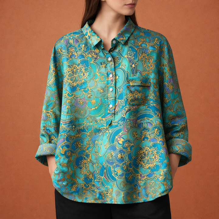 Blumenmuster Bluse mit langen Ärmeln und Kragen für Damen | Viona