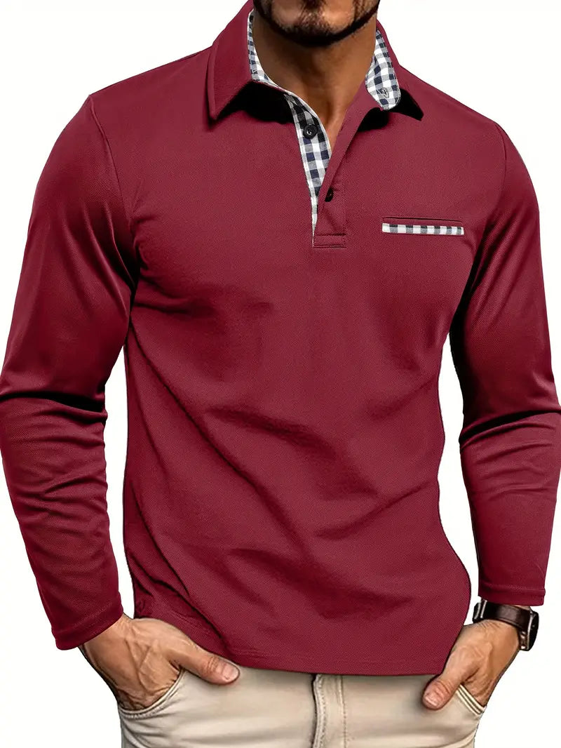 Polo Herren - Dehnbarer Schnitt mit langen Ärmeln und Karomuster | Casual