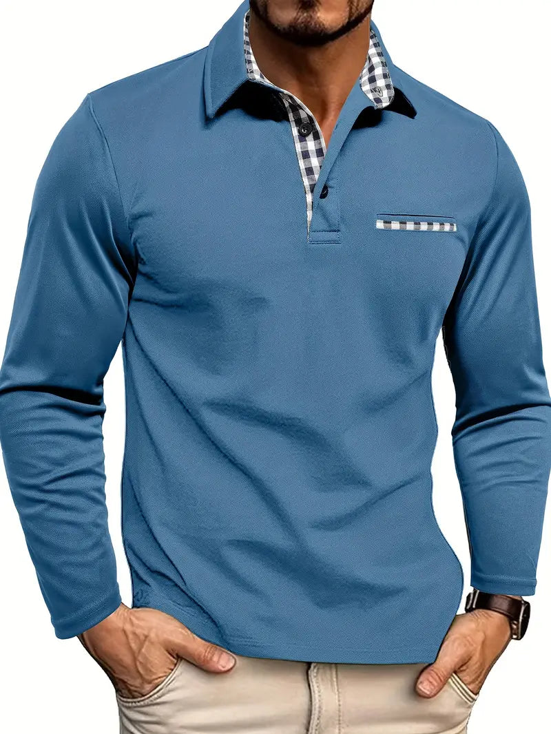 Polo Herren - Dehnbarer Schnitt mit langen Ärmeln und Karomuster | Casual