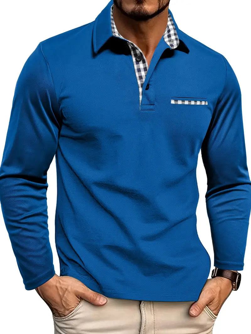 Polo Herren - Dehnbarer Schnitt mit langen Ärmeln und Karomuster | Casual