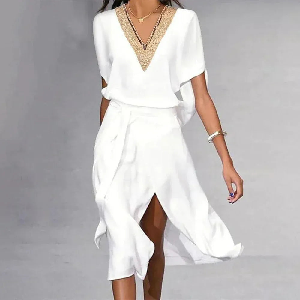 Midi-Kleid mit V-Ausschnitt und klassischem Schnitt für Damen | Ideal für formelle oder sommerliche Anlässe
