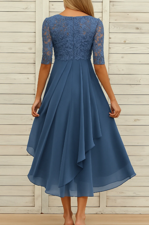 Damen Maxi Kleid Spitzen Oberteil Chiffon Rock Dreiviertel Ärmel A-Linie Elegant - Blau / Grün / Lila - Maelen
