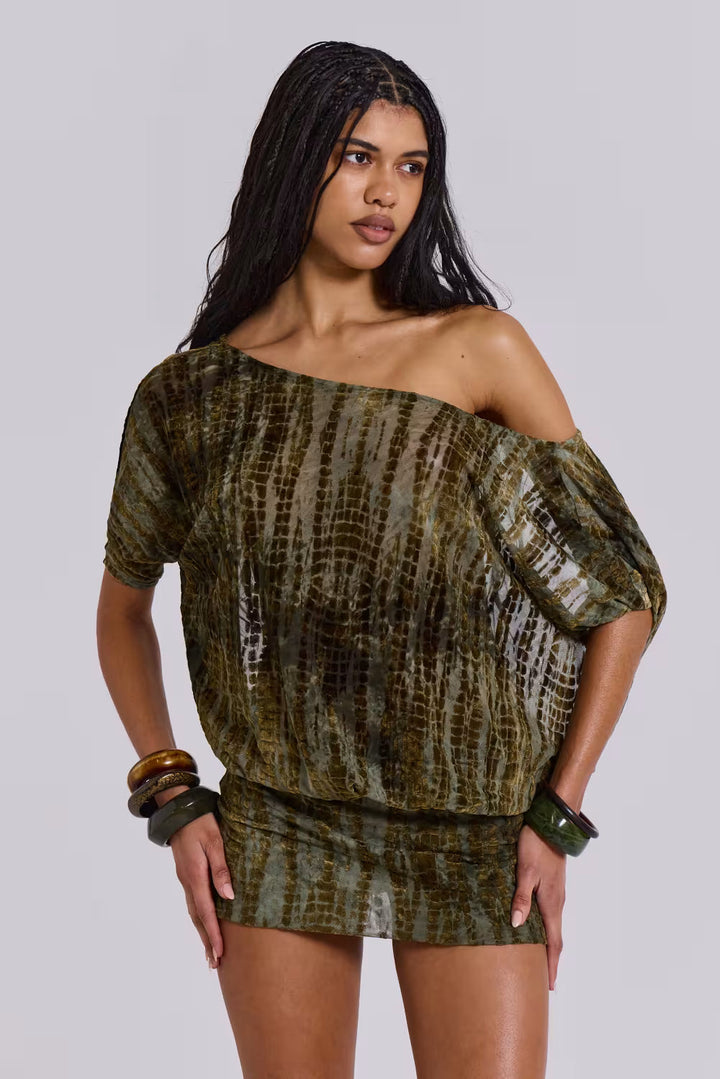 Cynthia - Tie-Dye Druck Off-Shoulder Blouson Mini Kleid