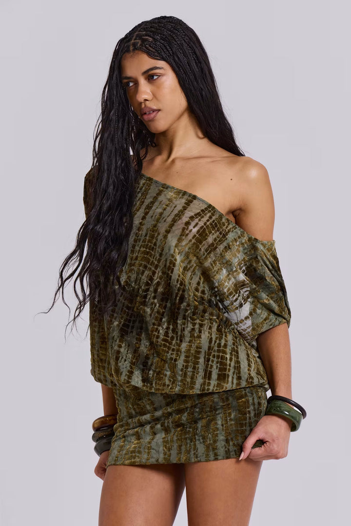Cynthia - Tie-Dye Druck Off-Shoulder Blouson Mini Kleid