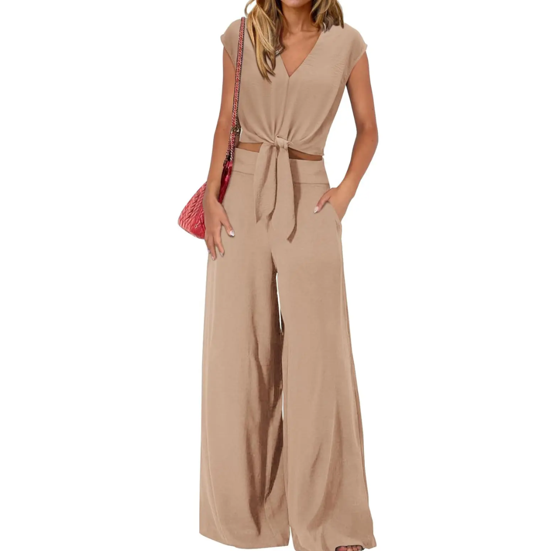 Michelle - V-Ausschnitt Crop Top mit Knoten vorne und weit geschnittene Hose Set