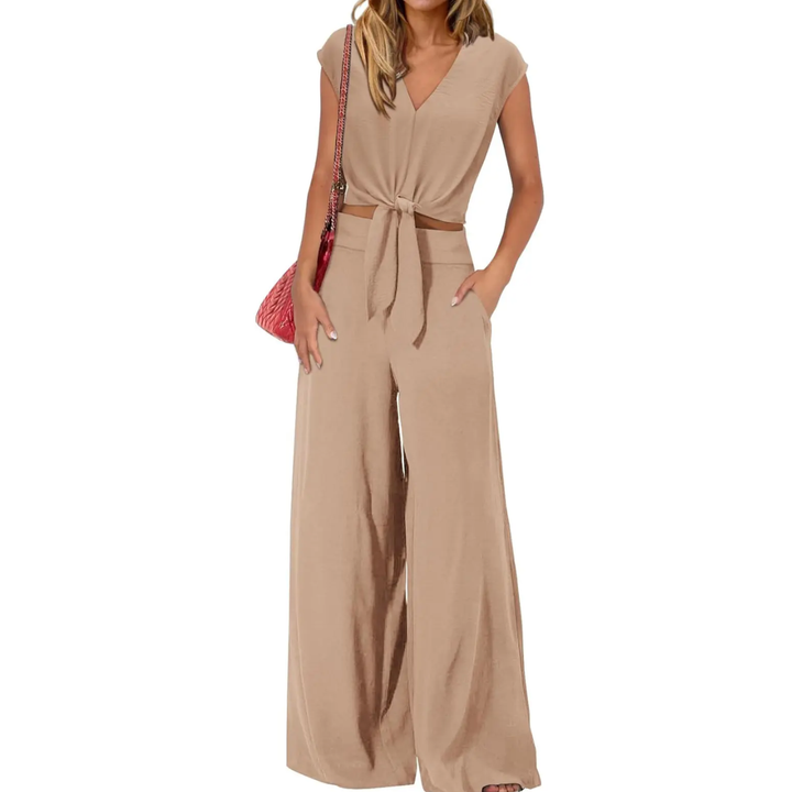 Michelle - V-Ausschnitt Crop Top mit Knoten vorne und weit geschnittene Hose Set