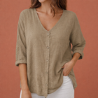 V-Ausschnitt Damen T-Shirt mit Knopfverschluss und Dreiviertelärmeln | Ylena