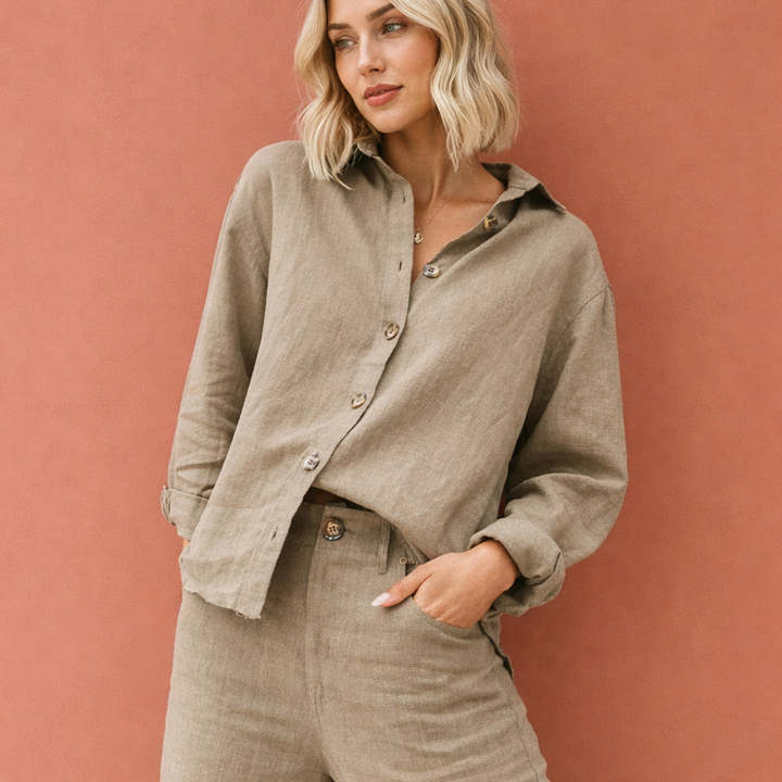 Leinenlook-Bluse mit Knopfverschluss für Damen | Esmée