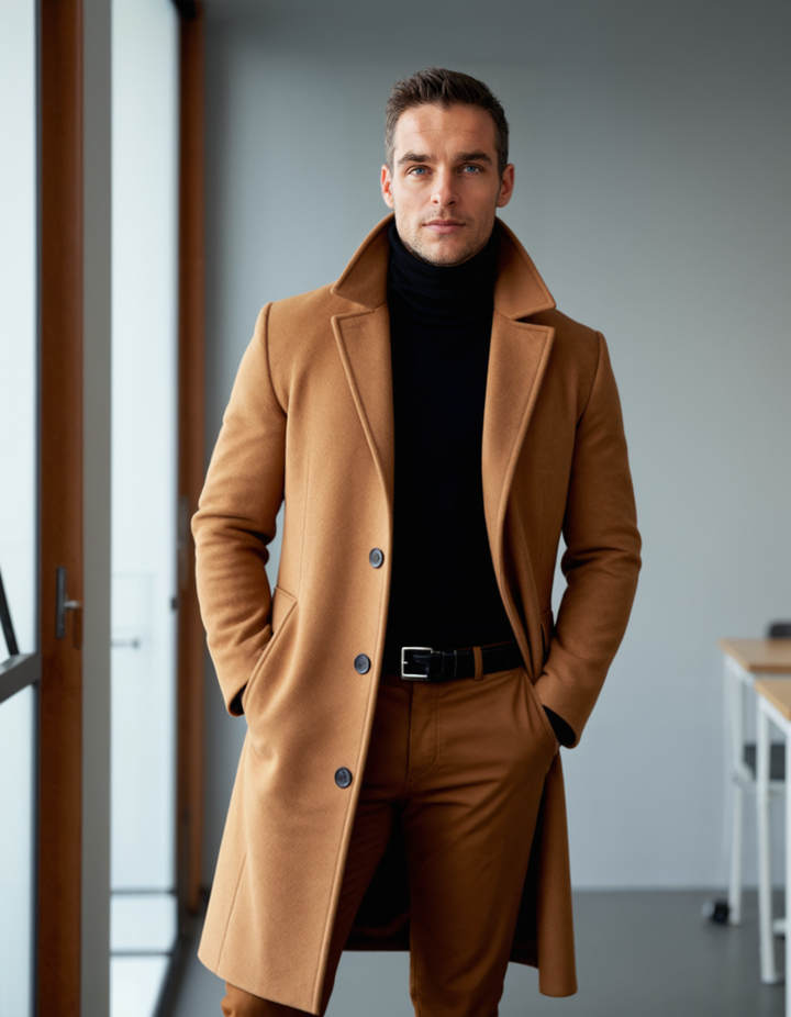 Rosamund | Herren gepolsterter Langmantel mit Revers und seitlichen Taschen