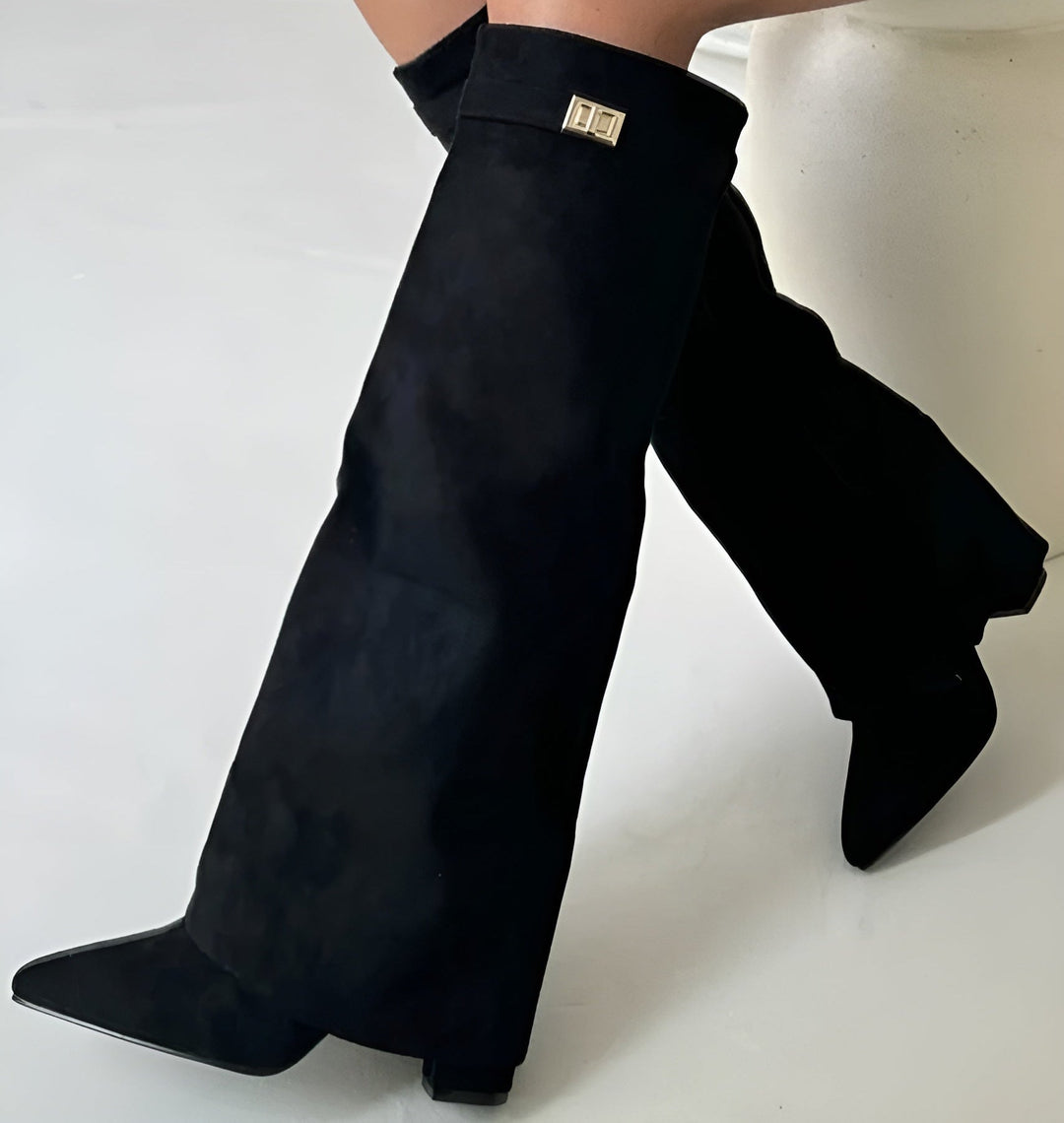 Damen Stiefel mit Blockabsatz und Schnalle aus Wildleder oder Leder