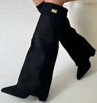 Damen Stiefel mit Blockabsatz und Schnalle aus Wildleder oder Leder