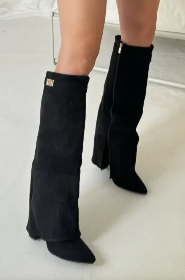Damen Stiefel mit Blockabsatz und Schnalle aus Wildleder oder Leder