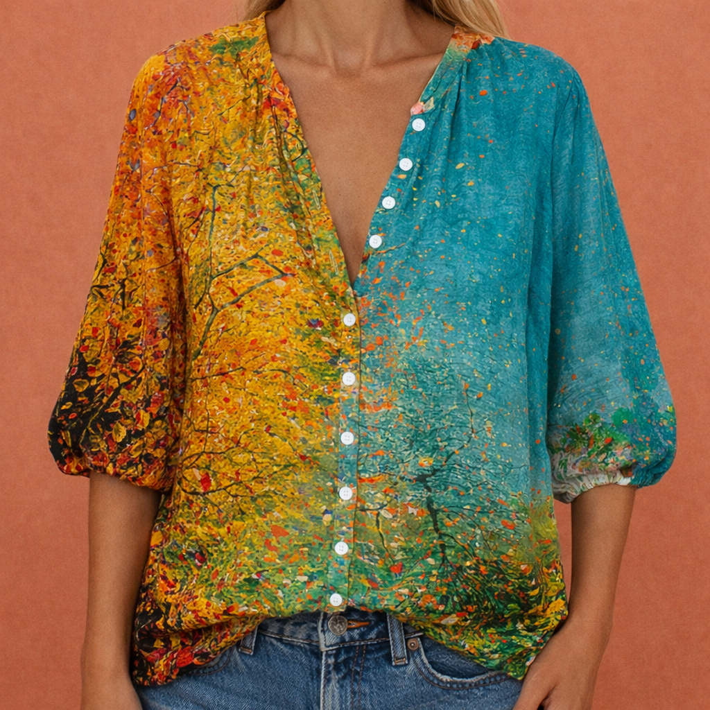 Bedruckte Bluse mit V-Ausschnitt und Knopfverschluss für Damen | Mireya