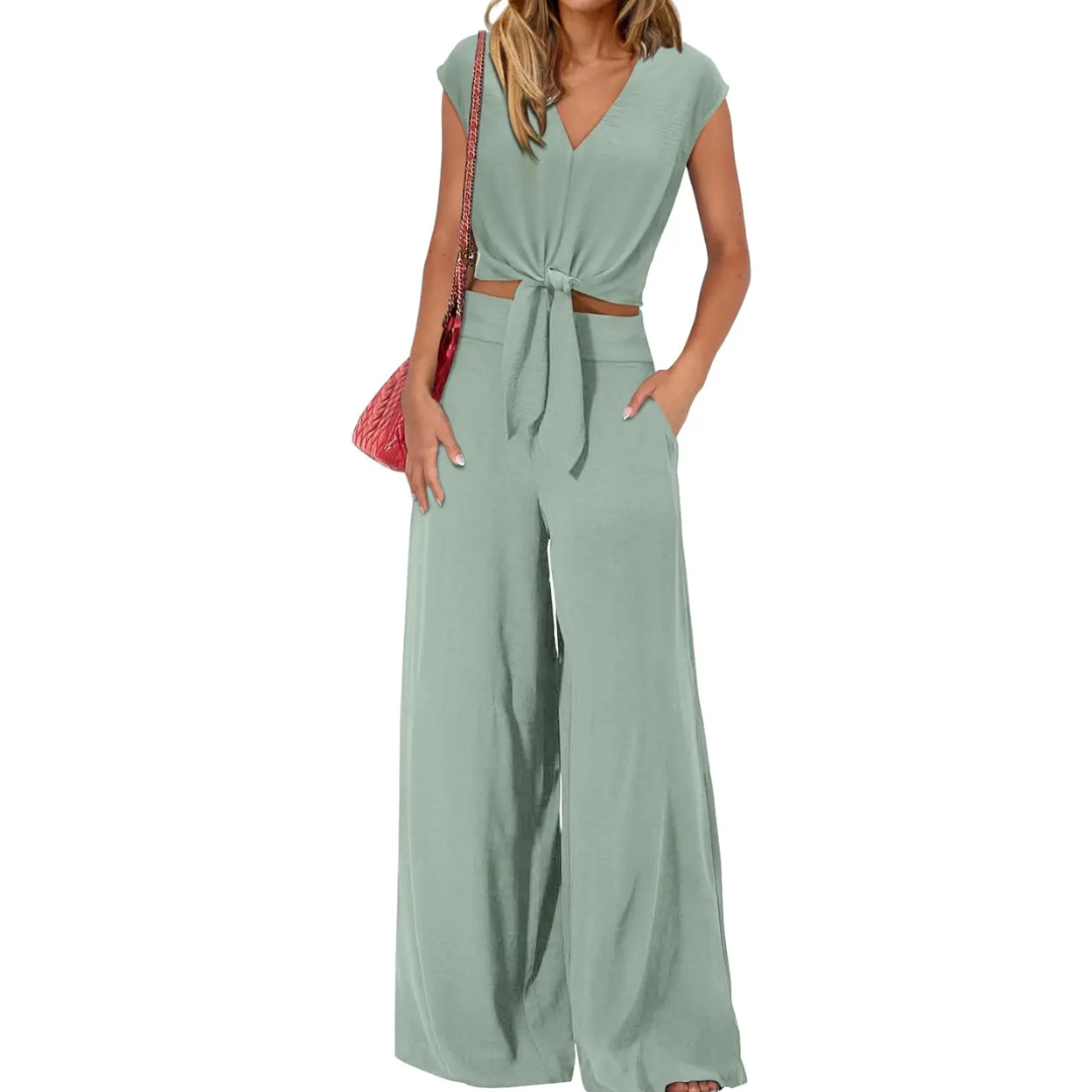 Michelle - V-Ausschnitt Crop Top mit Knoten vorne und weit geschnittene Hose Set