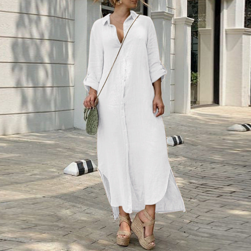 Leinenkleid - Langärmliges, lockeres Maxikleid mit Knöpfen für den Sommer