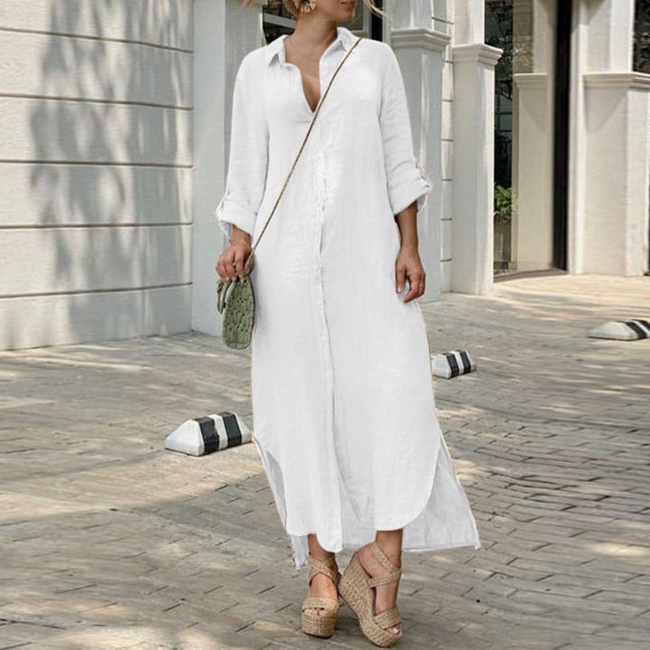 Leinenkleid - Langärmliges, lockeres Maxikleid mit Knöpfen für den Sommer