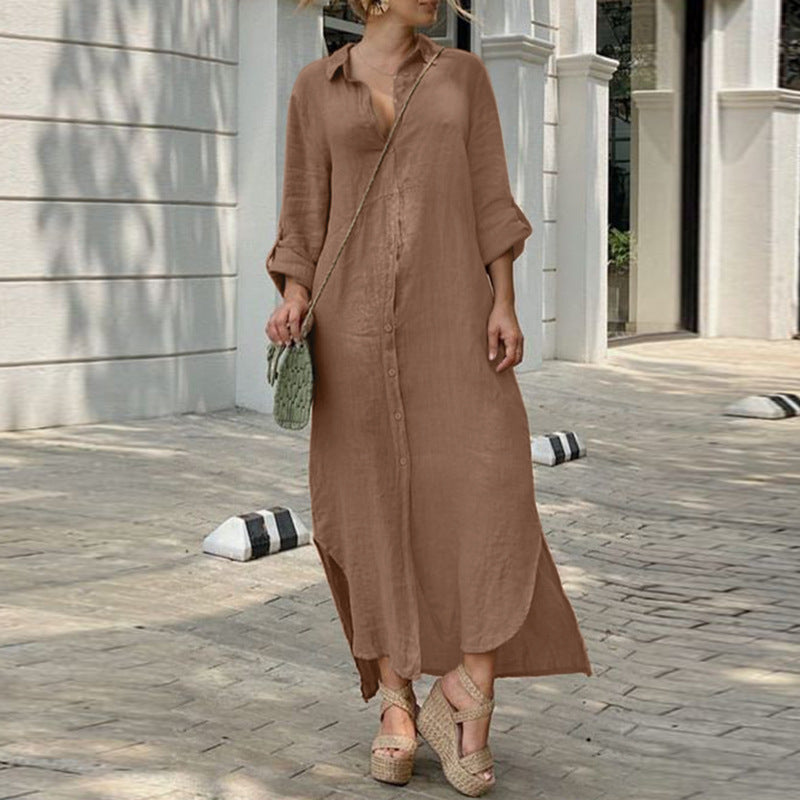 Leinenkleid - Langärmliges, lockeres Maxikleid mit Knöpfen für den Sommer