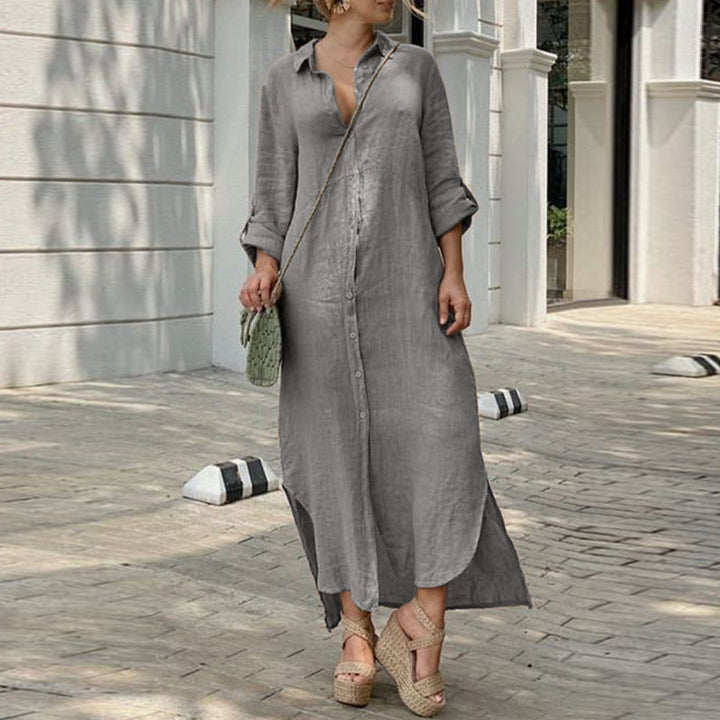 Leinenkleid - Langärmliges, lockeres Maxikleid mit Knöpfen für den Sommer