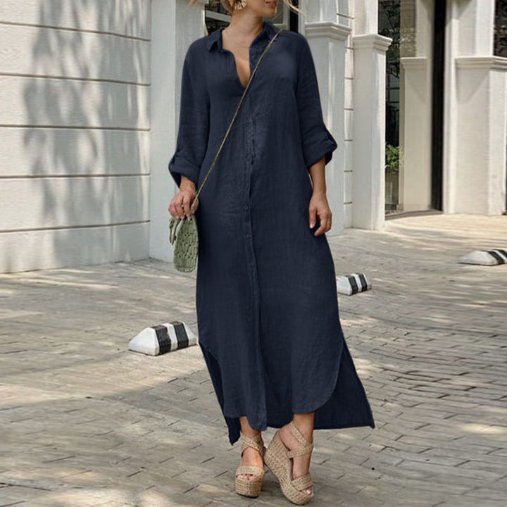 Leinenkleid - Langärmliges, lockeres Maxikleid mit Knöpfen für den Sommer