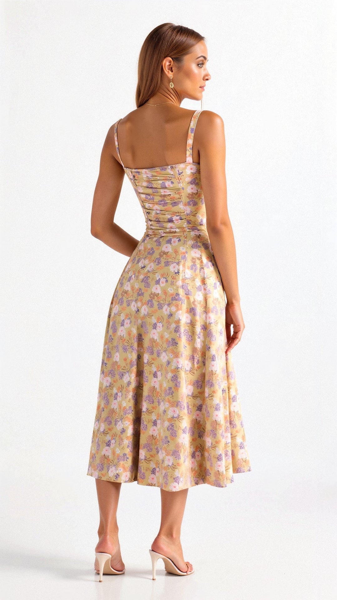 MARGARETHA - Floral Satin-Corsage Midi-Kleid mit Frontschlitz