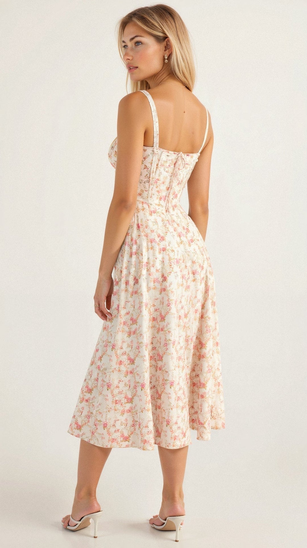 MARGARETHA - Floral Satin-Corsage Midi-Kleid mit Frontschlitz