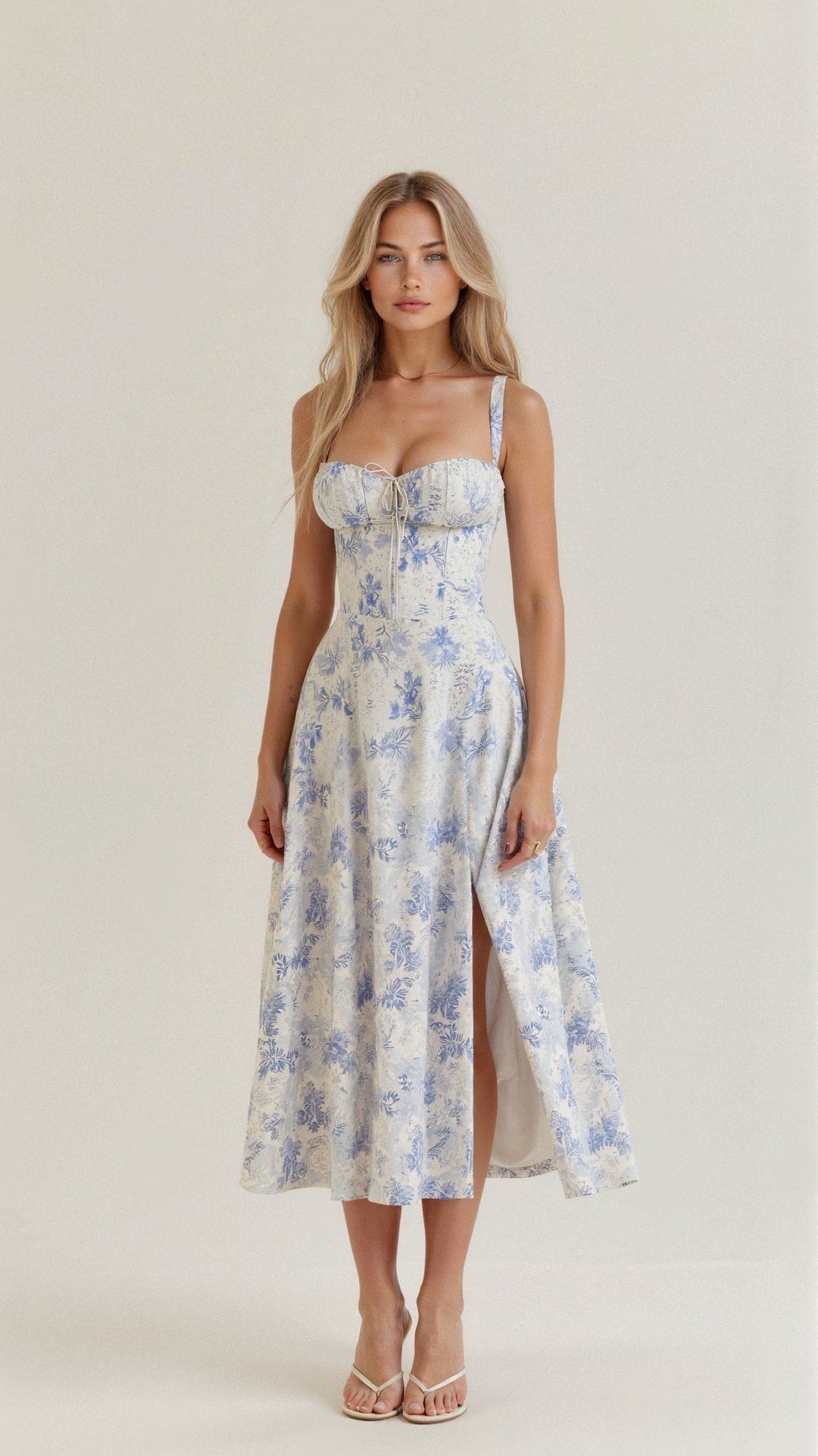 MARGARETHA - Floral Satin-Corsage Midi-Kleid mit Frontschlitz