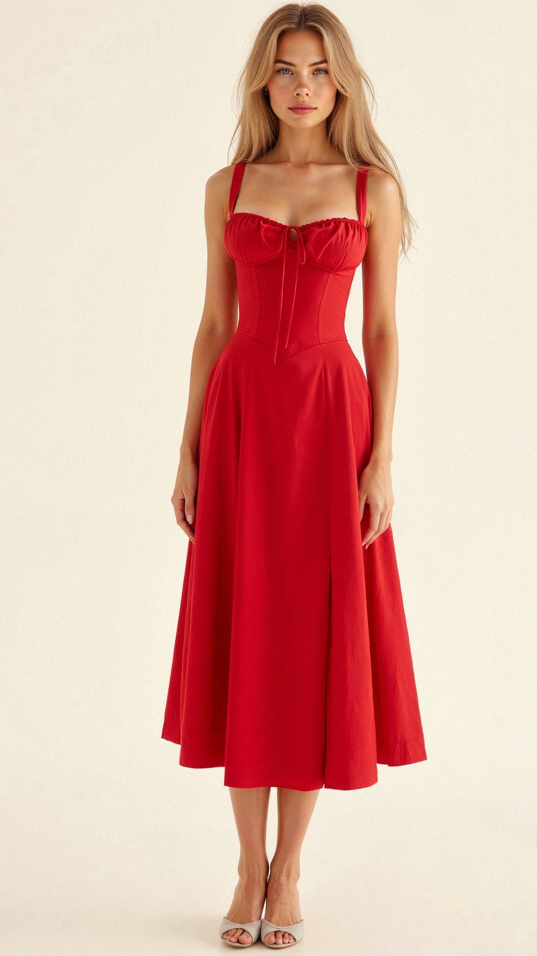 MARGARETHA - Floral Satin-Corsage Midi-Kleid mit Frontschlitz