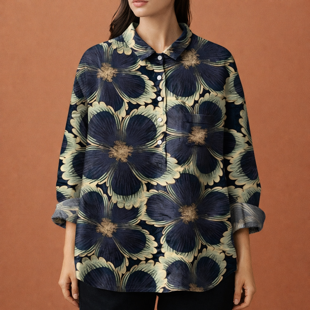 Blumenmuster Bluse mit langen Ärmeln und Kragen für Damen | Viona