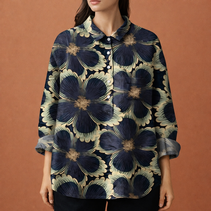 Blumenmuster Bluse mit langen Ärmeln und Kragen für Damen | Viona