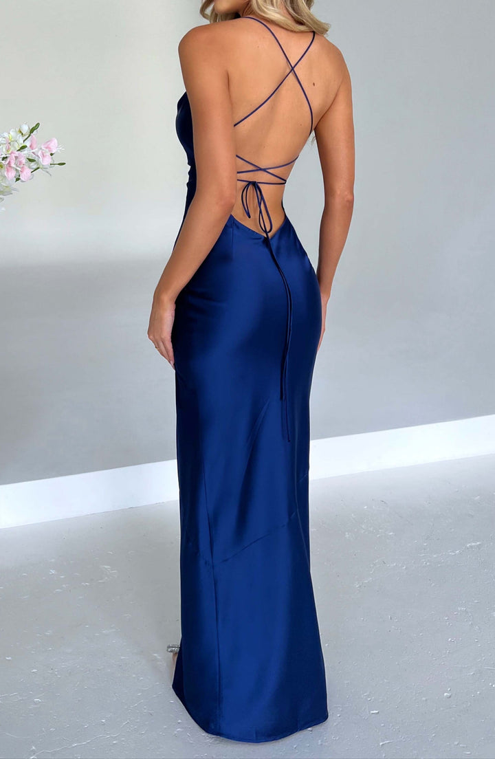Maxi-Kleid mit Schlitz und Satin-Glanz – navy