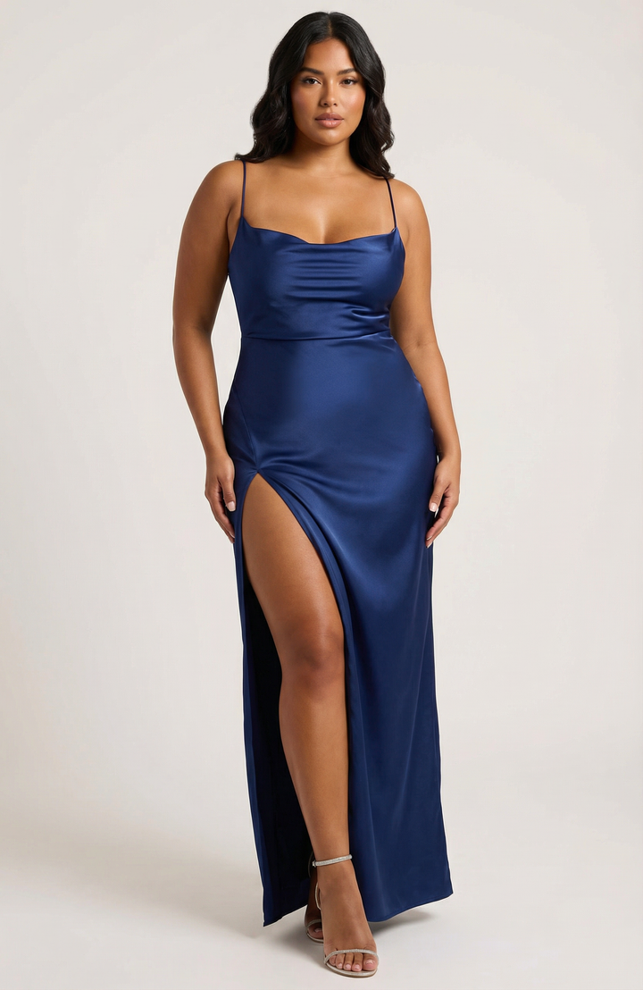 Maxi-Kleid mit Schlitz und Satin-Glanz – navy