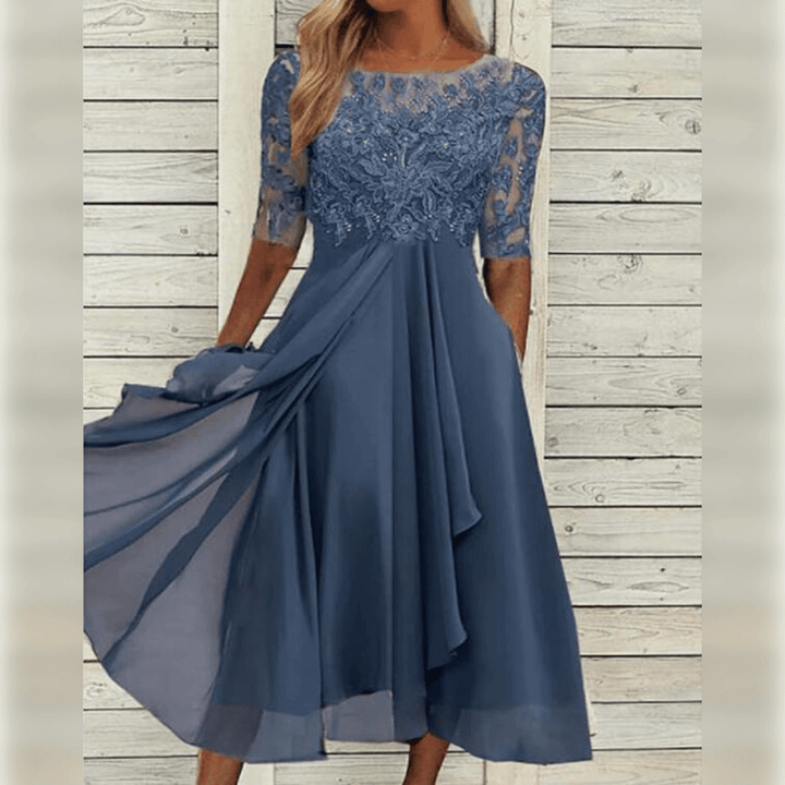 Damen Maxi Kleid Spitzen Oberteil Chiffon Rock Dreiviertel Ärmel A-Linie Elegant - Blau / Grün / Lila - Maelen