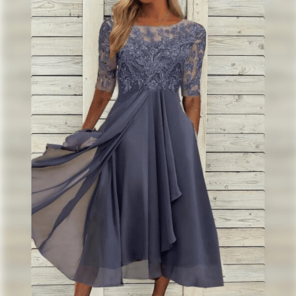Damen Maxi Kleid Spitzen Oberteil Chiffon Rock Dreiviertel Ärmel A-Linie Elegant - Blau / Grün / Lila - Maelen