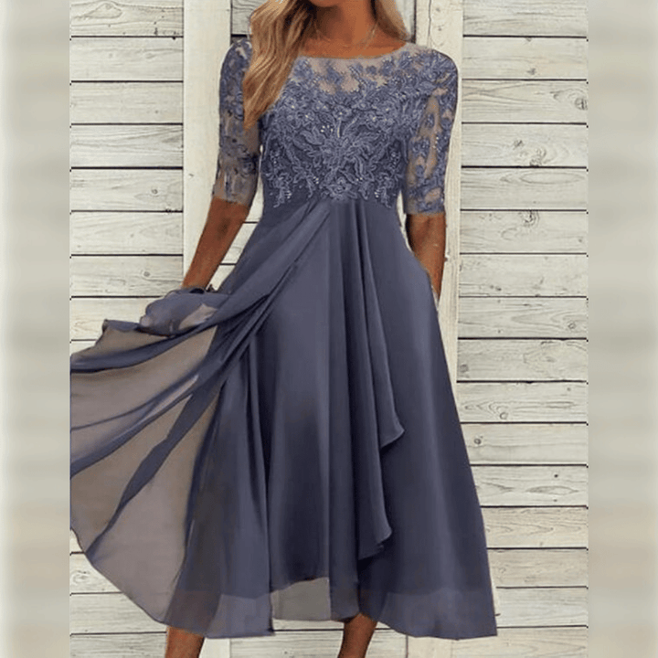Damen Maxi Kleid Spitzen Oberteil Chiffon Rock Dreiviertel Ärmel A-Linie Elegant - Blau / Grün / Lila - Maelen