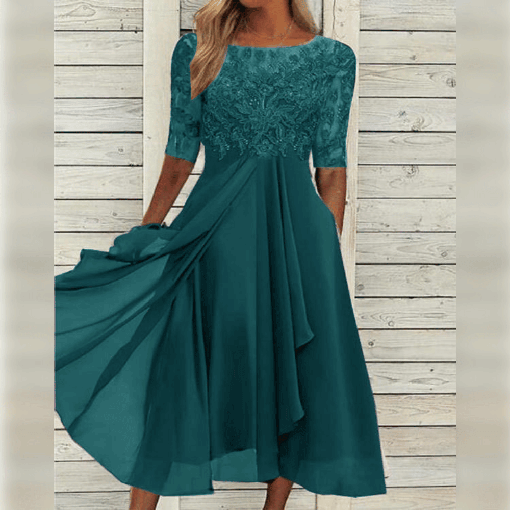 Damen Maxi Kleid Spitzen Oberteil Chiffon Rock Dreiviertel Ärmel A-Linie Elegant - Blau / Grün / Lila - Maelen
