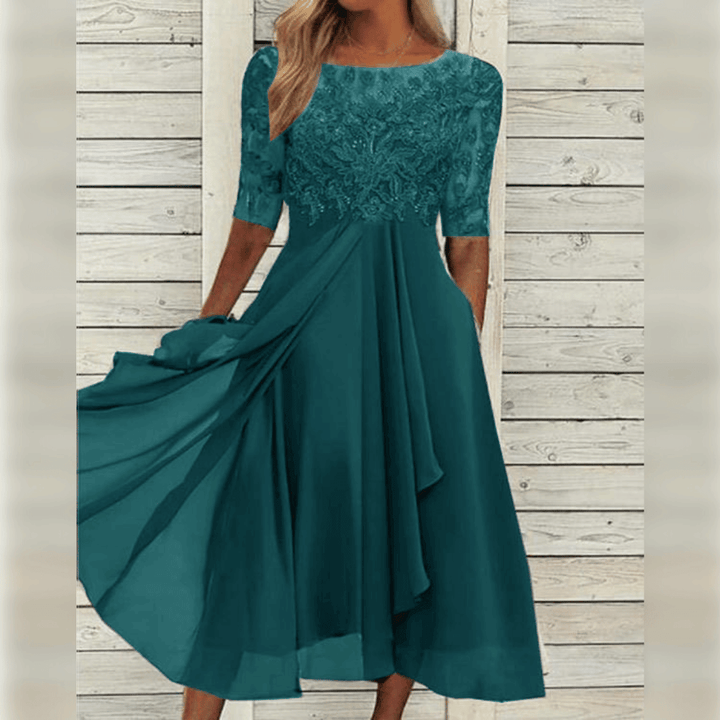 Damen Maxi Kleid Spitzen Oberteil Chiffon Rock Dreiviertel Ärmel A-Linie Elegant - Blau / Grün / Lila - Maelen