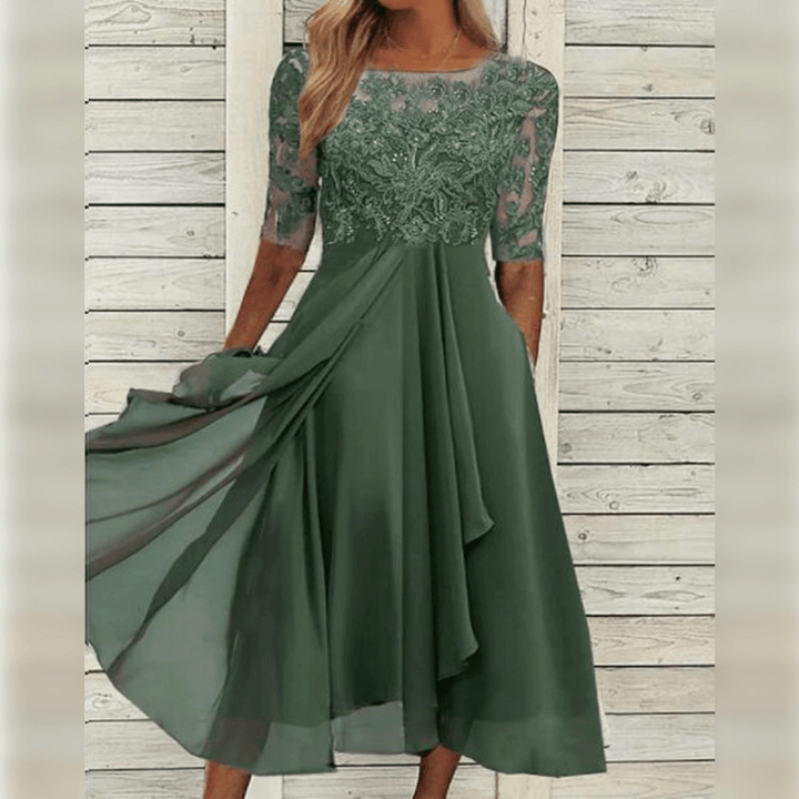 Damen Maxi Kleid Spitzen Oberteil Chiffon Rock Dreiviertel Ärmel A-Linie Elegant - Blau / Grün / Lila - Maelen