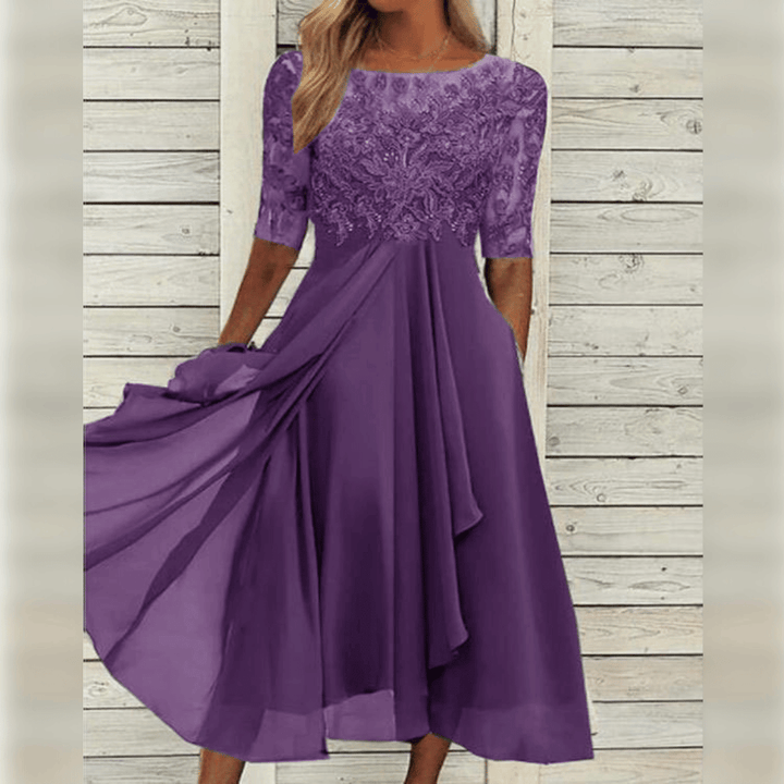 Damen Maxi Kleid Spitzen Oberteil Chiffon Rock Dreiviertel Ärmel A-Linie Elegant - Blau / Grün / Lila - Maelen