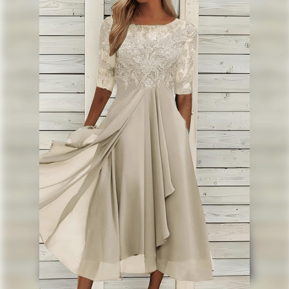 Damen Maxi Kleid Spitzen Oberteil Chiffon Rock Dreiviertel Ärmel A-Linie Elegant - Blau / Grün / Lila - Maelen