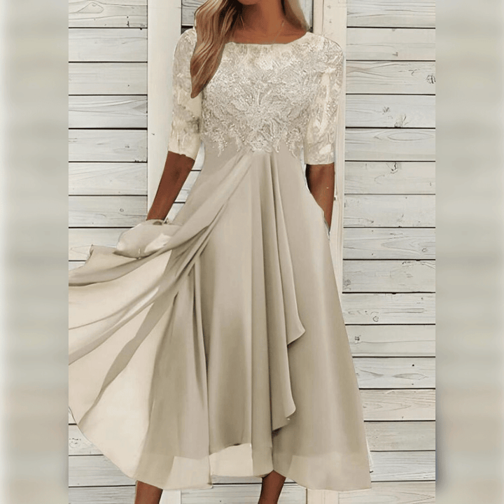 Damen Maxi Kleid Spitzen Oberteil Chiffon Rock Dreiviertel Ärmel A-Linie Elegant - Blau / Grün / Lila - Maelen