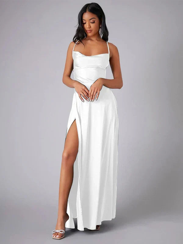Vittoria Kleid | Satin Maxi Abendkleid mit Drapierter Halslinie und Offenem Rücken