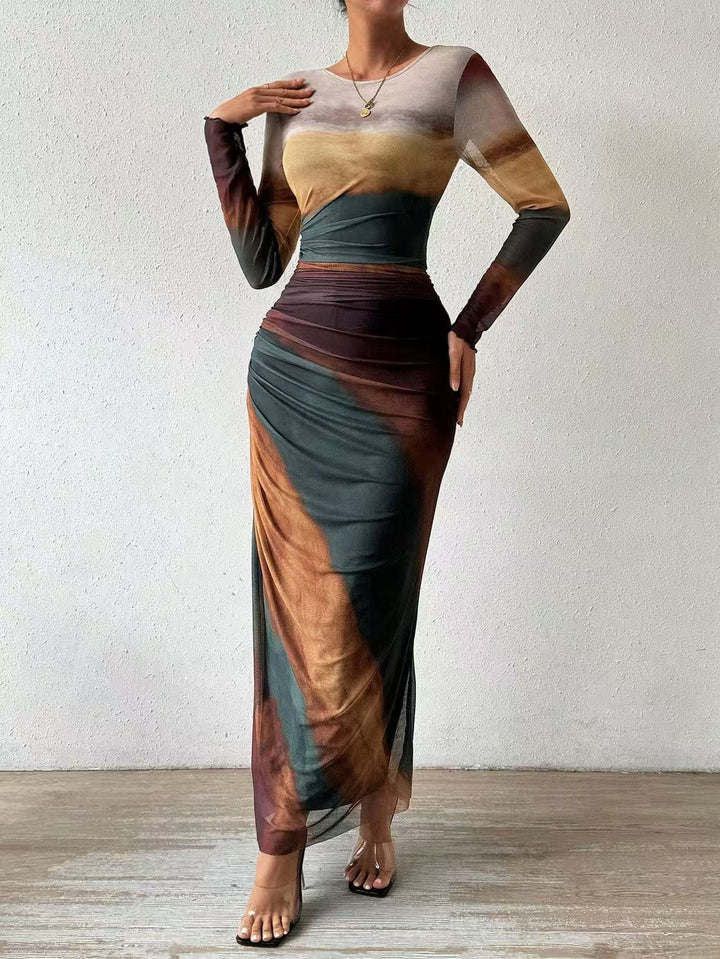 TORINA - Bequemes bedrucktes Maxikleid mit langen Ärmeln und Rundhalsausschnitt